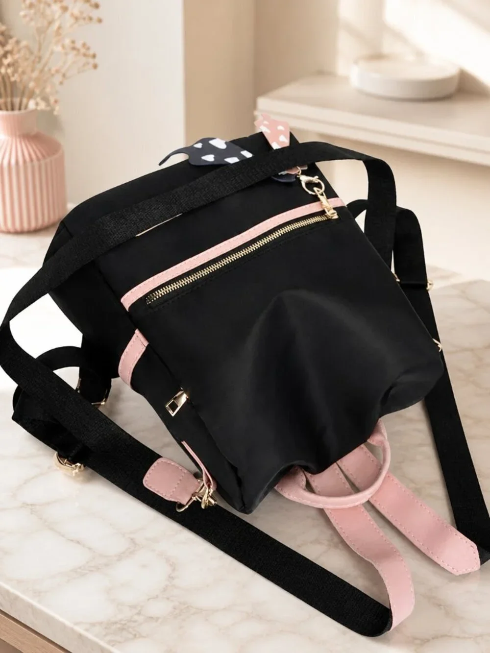 Anti-Theft Convertible Oxford Nylon Backpack Black Pink Cat Charm 3-Way Carry